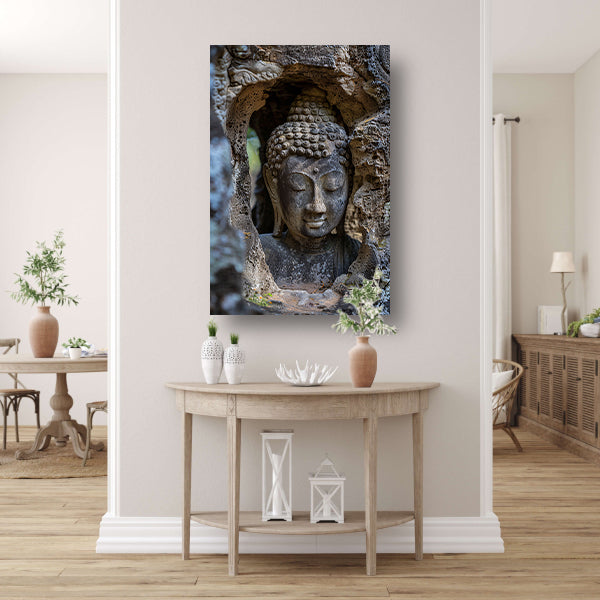 Stenen Boeddha in Natuurlijke Omlijsting canvas