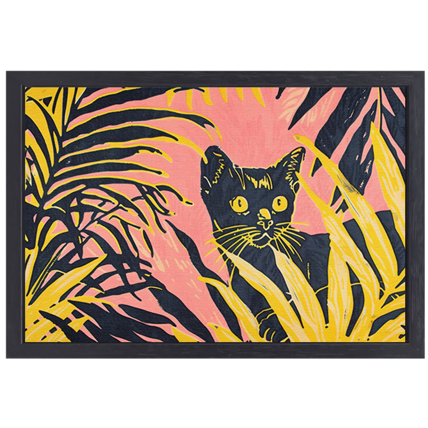 Kat tussen kleurrijke planten in popartstijl canvas met baklijst