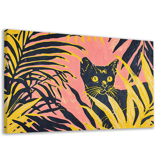 Kat tussen kleurrijke planten in popartstijl canvas