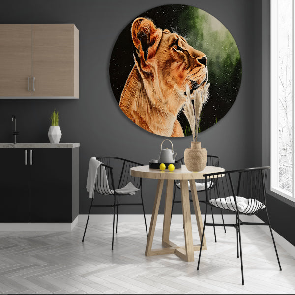 Leeuw in profiel onder sterrenhemel schilderij aluminium muurcirkel