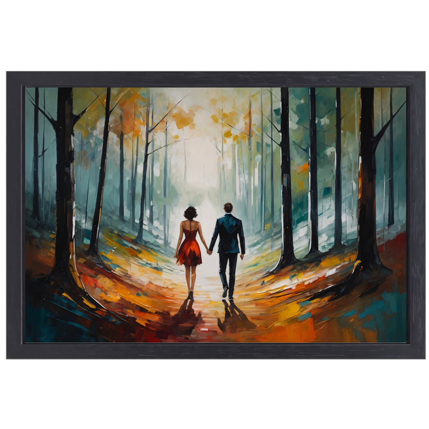 Romantische wandeling in abstract bos canvas met baklijst