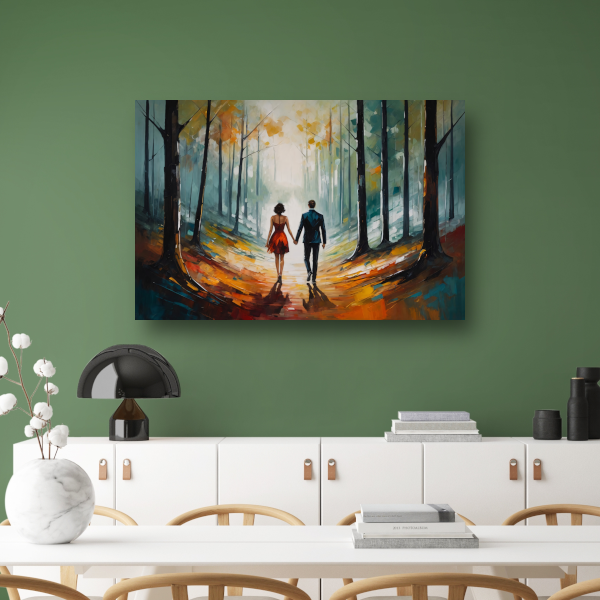 Romantische wandeling in abstract bos canvas met baklijst