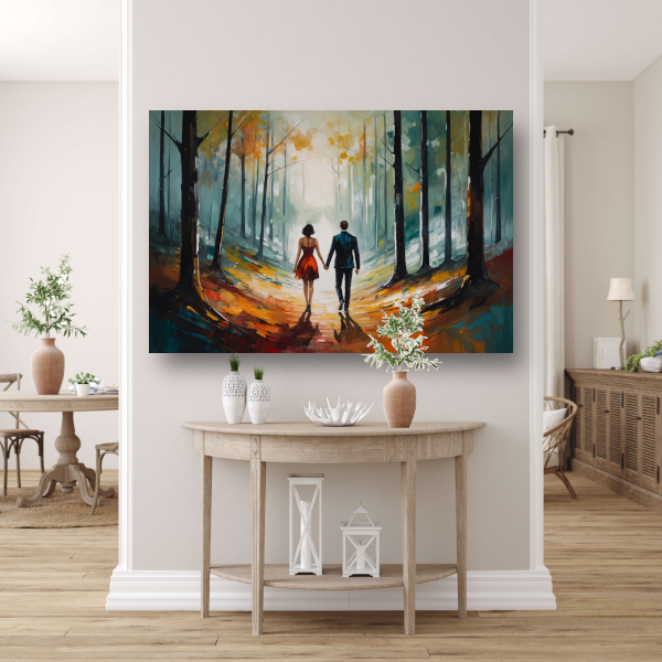 Romantische wandeling in abstract bos canvas met baklijst