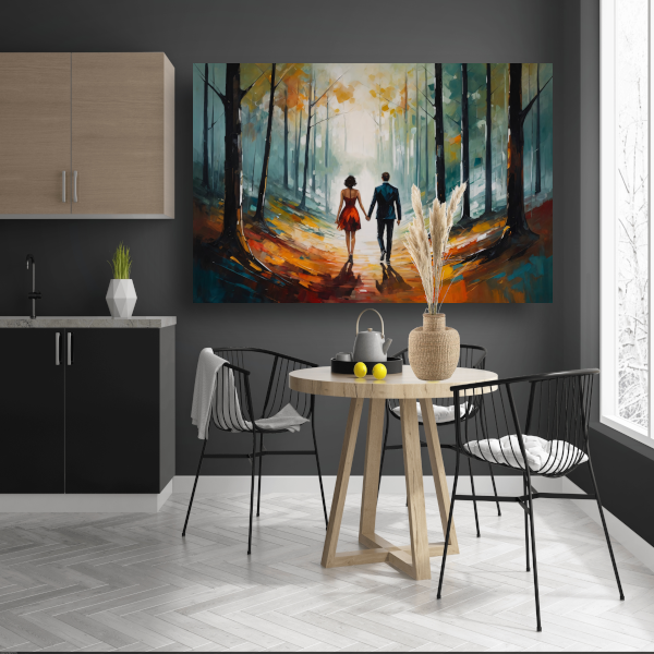 Romantische wandeling in abstract bos canvas met baklijst