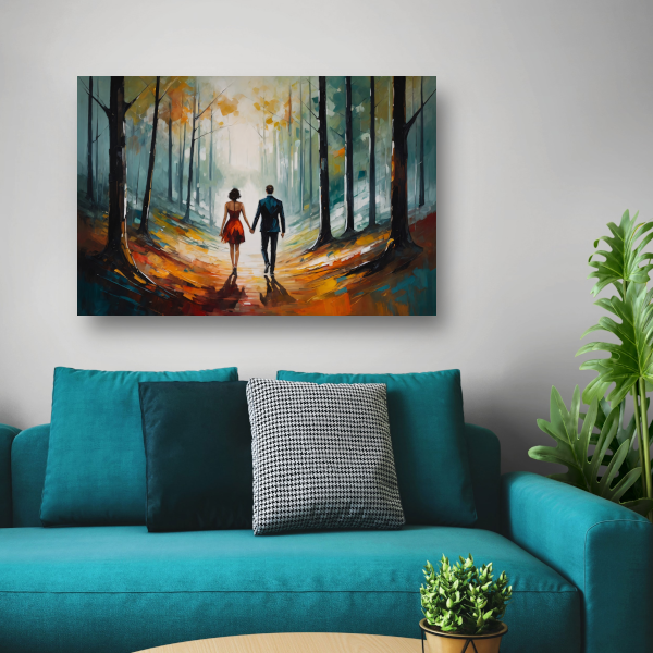 Romantische wandeling in abstract bos canvas met baklijst