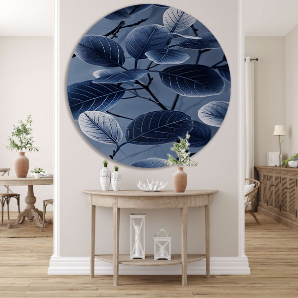 Blauwe en zwarte bladeren in minimalistische stijl forex muurcirkel