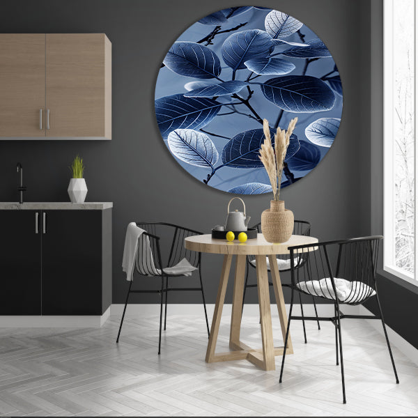 Blauwe en zwarte bladeren in minimalistische stijl forex muurcirkel