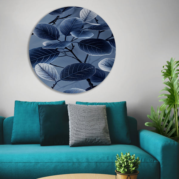 Blauwe en zwarte bladeren in minimalistische stijl forex muurcirkel