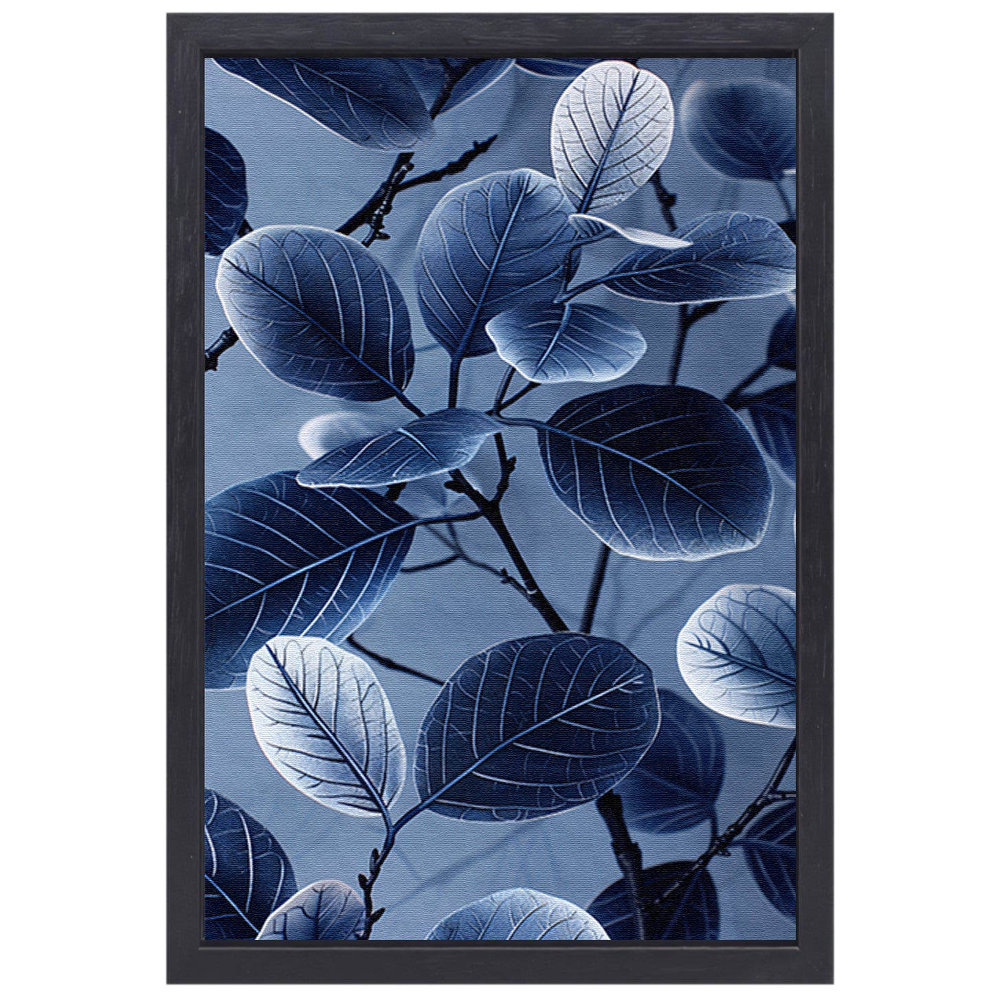 Blauwe en zwarte bladeren in minimalistische stijl canvas met baklijst