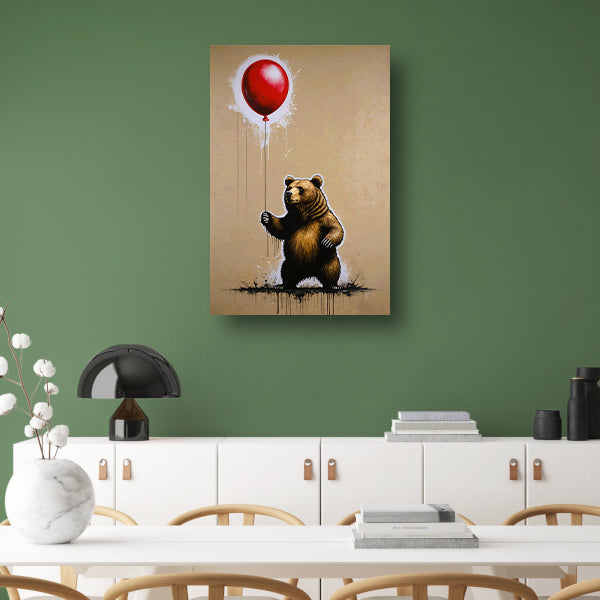 Bruine beer houdt een glanzende rode ballon vast poster