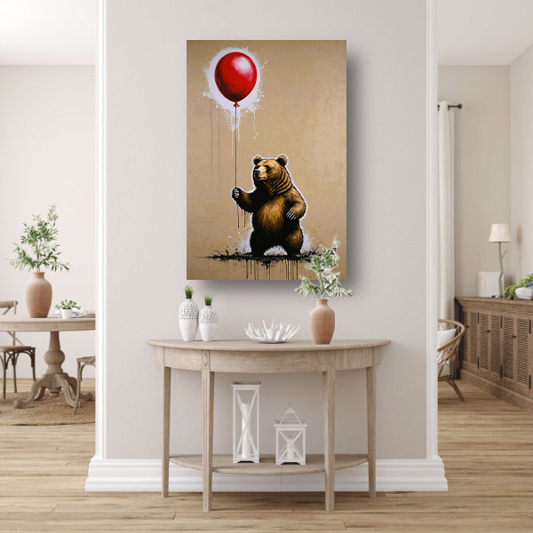Bruine beer houdt een glanzende rode ballon vast poster