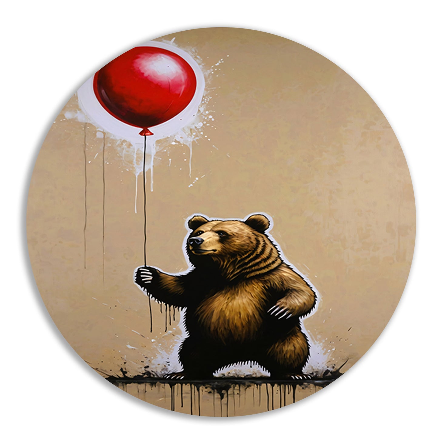 Bruine beer houdt een glanzende rode ballon vast forex muurcirkel