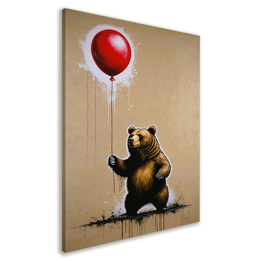 Bruine beer houdt een glanzende rode ballon vast canvas