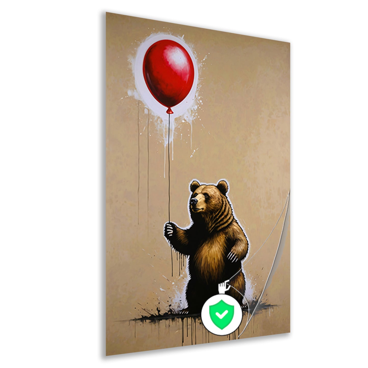 Bruine beer houdt een glanzende rode ballon vast poster