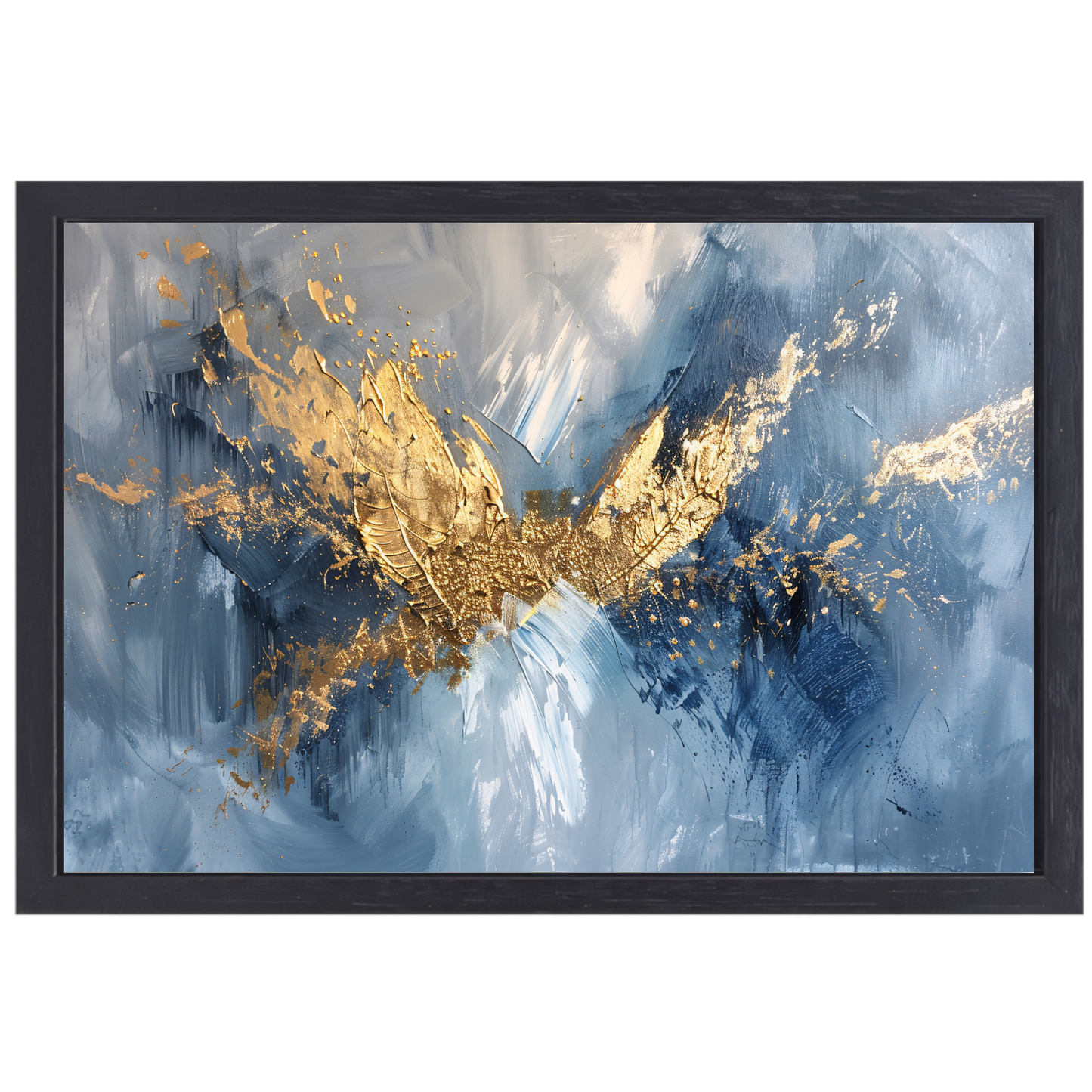 Dynamische abstracte gouden vleugels op blauw canvas met baklijst