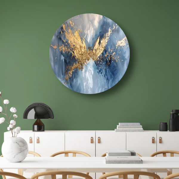 Dynamische abstracte gouden vleugels op blauw aluminium muurcirkel