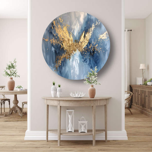 Dynamische abstracte gouden vleugels op blauw aluminium muurcirkel