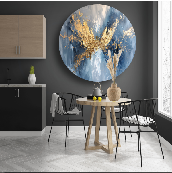 Dynamische abstracte gouden vleugels op blauw aluminium muurcirkel