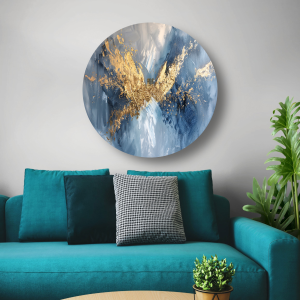 Dynamische abstracte gouden vleugels op blauw aluminium muurcirkel