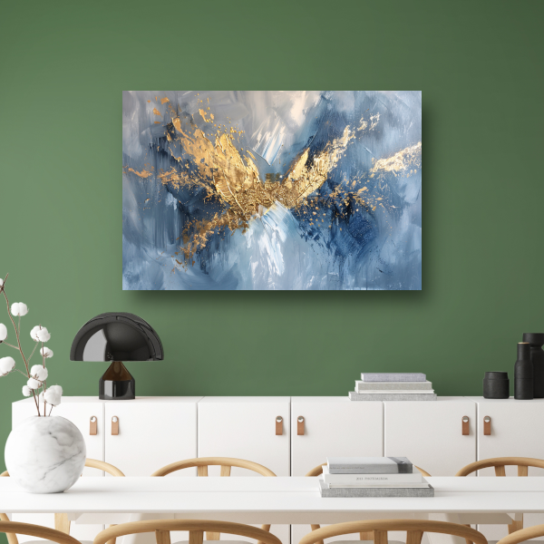 Dynamische abstracte gouden vleugels op blauw poster