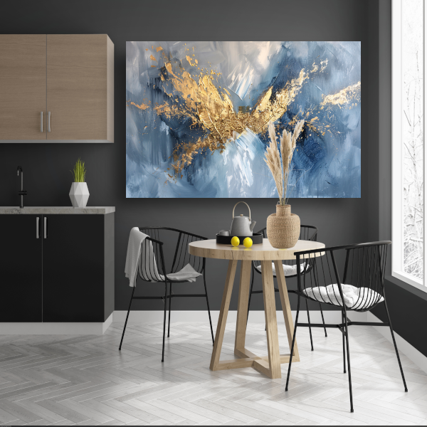 Dynamische abstracte gouden vleugels op blauw poster