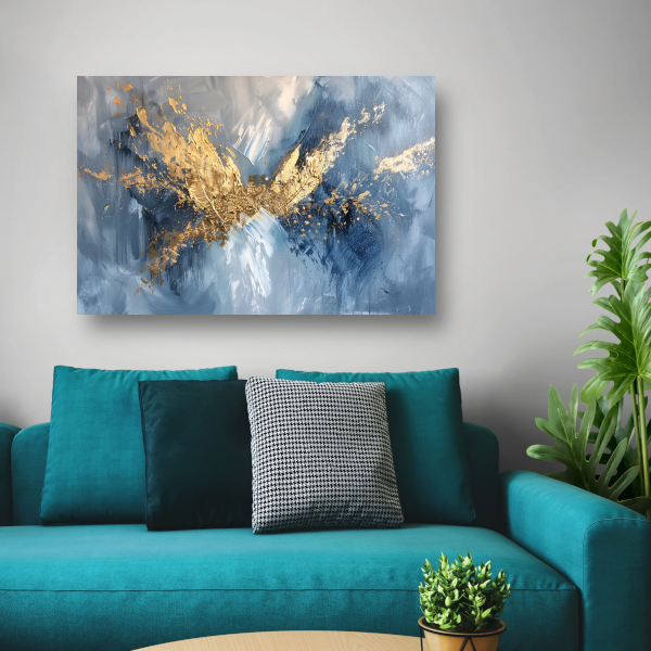 Dynamische abstracte gouden vleugels op blauw poster