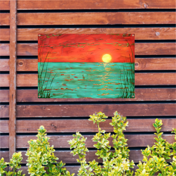 Kleurrijke zonsondergang boven kalm water schilderij tuinposter