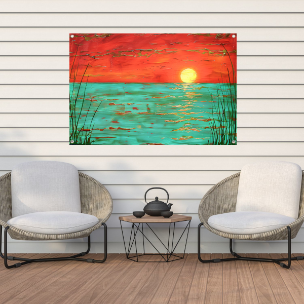 Kleurrijke zonsondergang boven kalm water schilderij tuinposter