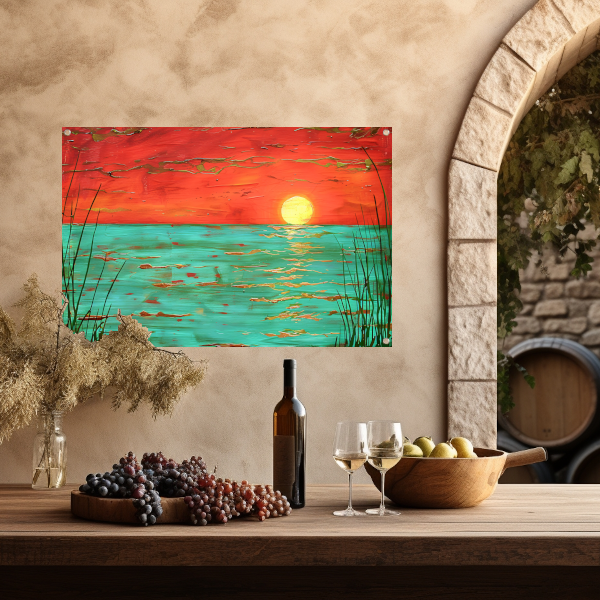 Kleurrijke zonsondergang boven kalm water schilderij tuinposter
