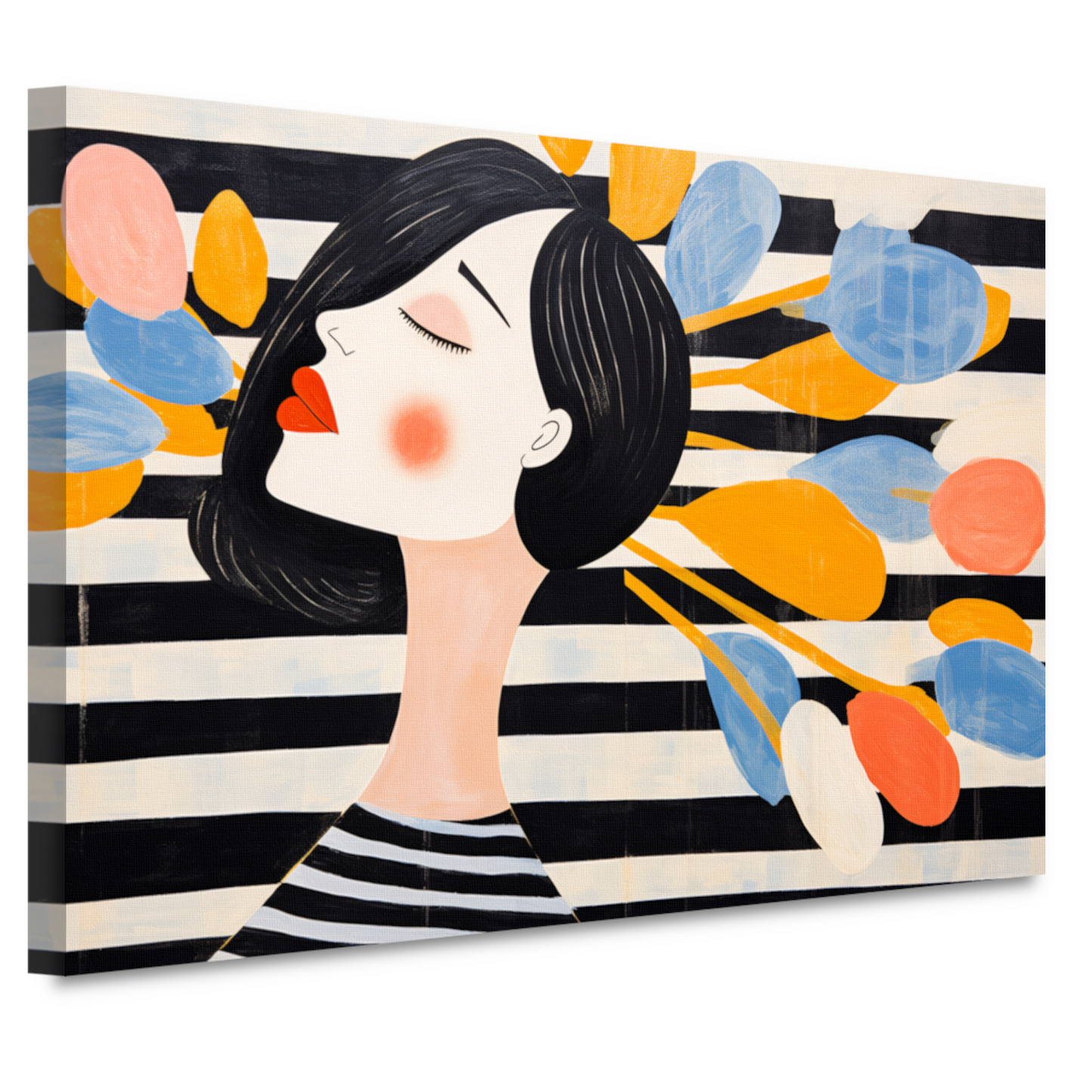 Moderne vrouw omringd door zwevende bloemen canvas