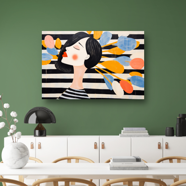 Moderne vrouw omringd door zwevende bloemen acrylglas