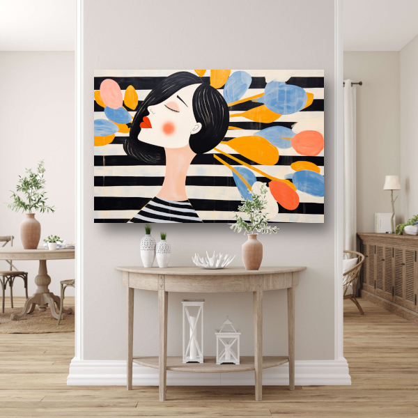 Moderne vrouw omringd door zwevende bloemen acrylglas