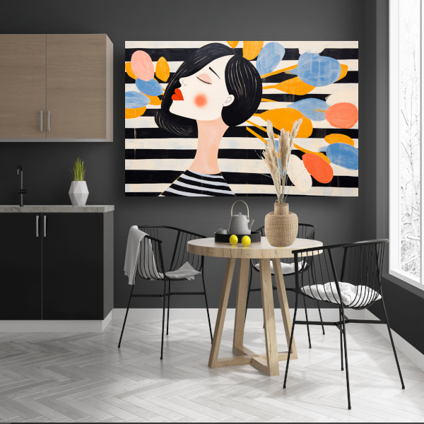 Moderne vrouw omringd door zwevende bloemen acrylglas
