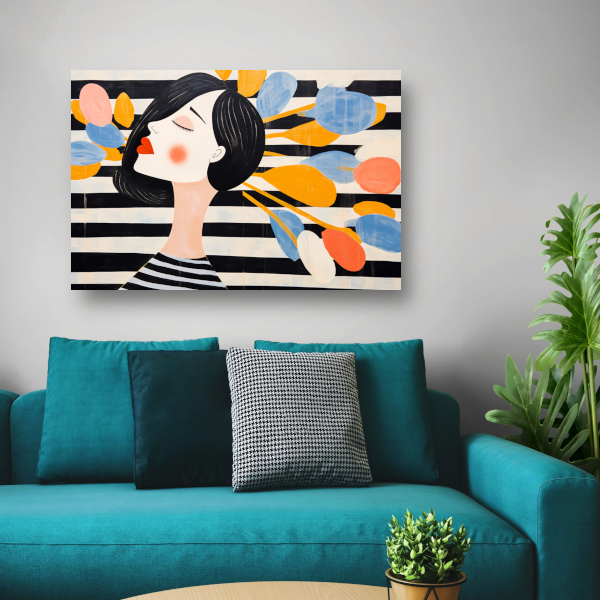 Moderne vrouw omringd door zwevende bloemen acrylglas