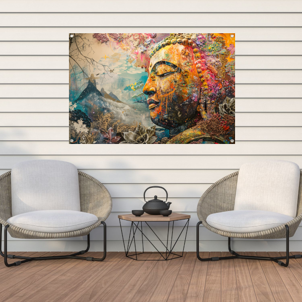 Eclectische Boeddha met Kleurrijke Achtergrond tuinposter