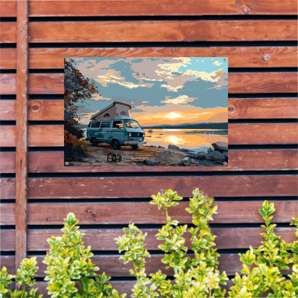 Camper rust op idyllisch meer tuinposter