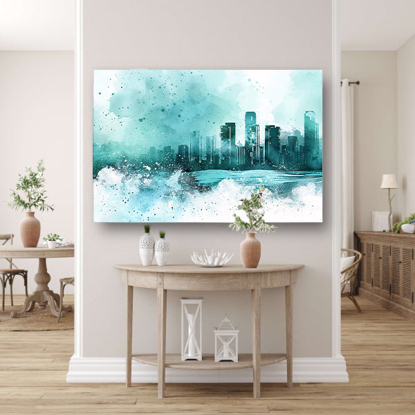 Abstracte skyline in blauwe tinten schilderij poster