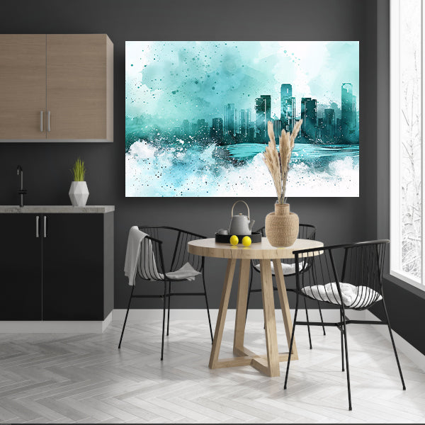 Abstracte skyline in blauwe tinten schilderij poster
