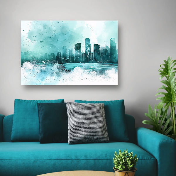 Abstracte skyline in blauwe tinten schilderij poster