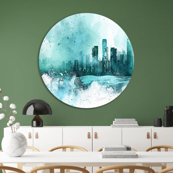 Abstracte skyline in blauwe tinten schilderij aluminium muurcirkel