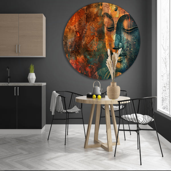 Mysterieus Boeddha portret in rustieke stijl aluminium muurcirkel