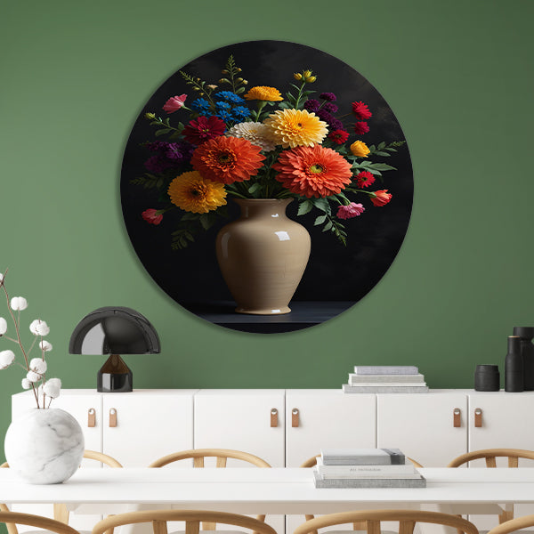 Levendige Vaas met Kleurrijke Bloemen Stilleven aluminium muurcirkel
