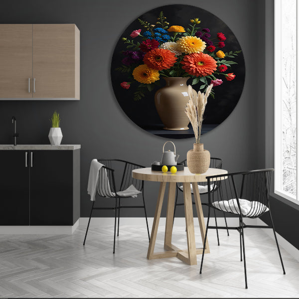 Levendige Vaas met Kleurrijke Bloemen Stilleven aluminium muurcirkel