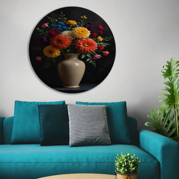 Levendige Vaas met Kleurrijke Bloemen Stilleven aluminium muurcirkel