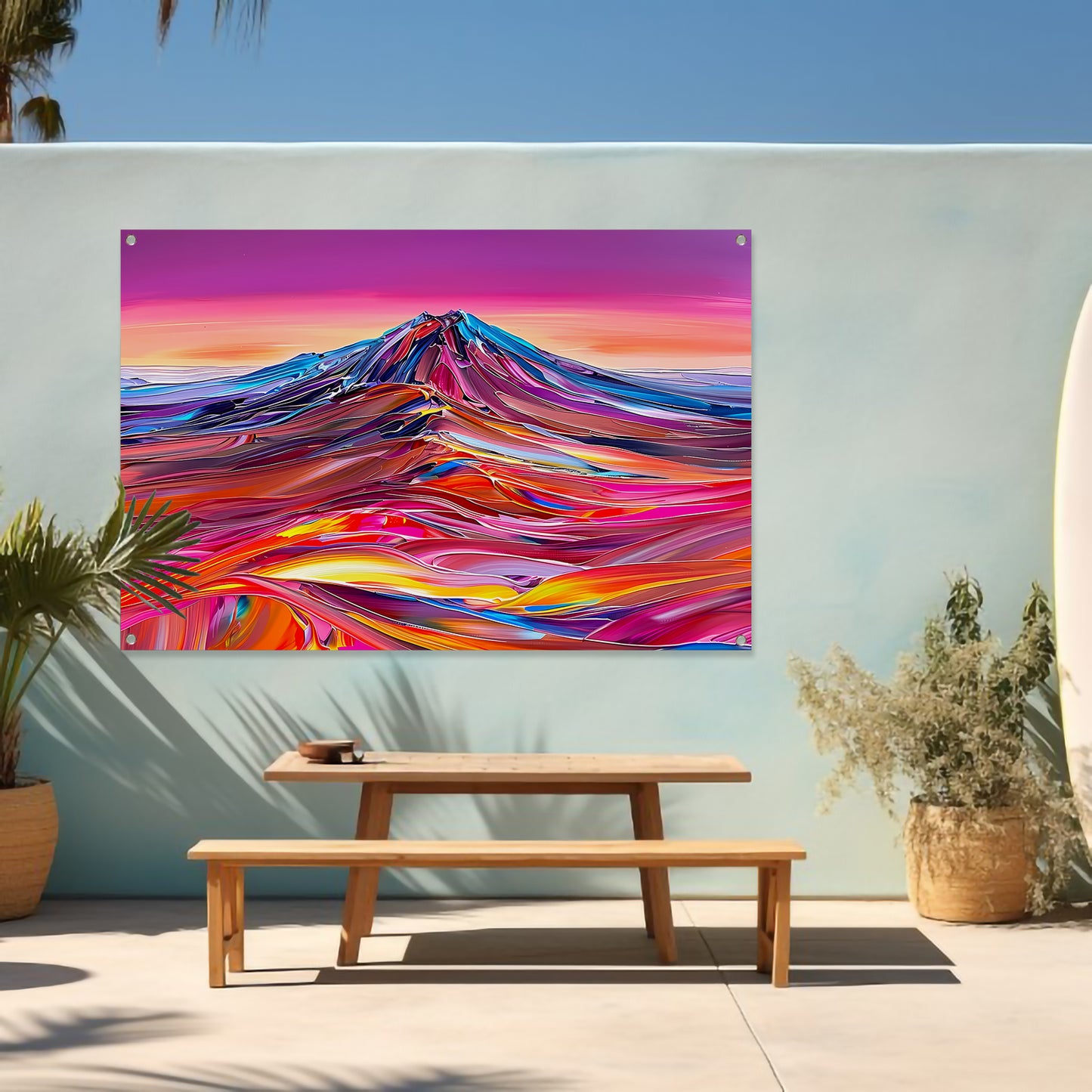 Kleurrijk abstract schilderij van berglandschap tuinposter