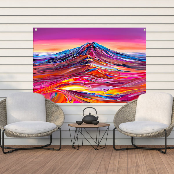 Kleurrijk abstract schilderij van berglandschap tuinposter