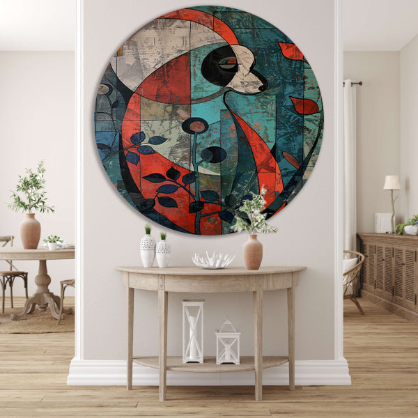 Kleurrijke abstracte panda met kubistische elementen aluminium muurcirkel