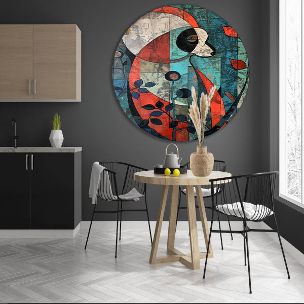 Kleurrijke abstracte panda met kubistische elementen aluminium muurcirkel