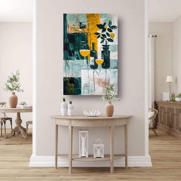 Abstracte stilleven met kleurrijke fles en glazen canvas