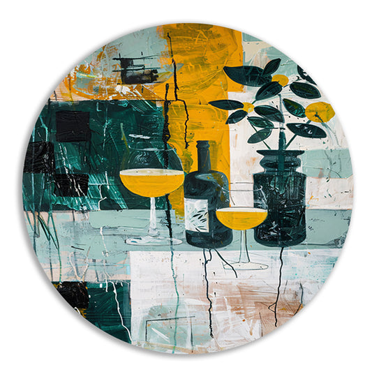 Abstracte stilleven met kleurrijke fles en glazen aluminium muurcirkel